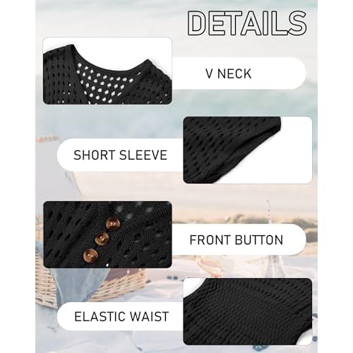 Haloumoning Girls Crochet Swim Beach Cover Up Kids Fashion Button Short Sleeve Swimsuits Cover Ups 5-14 Years