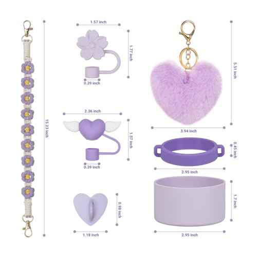 7Pcs Khaki Stanley Cup Accessories Set with Handle Strap, Love Heart/Flower Straw Topper Straw Cover Cap, Silicone Boot, Love Heart Charms for Water Bottle Tumbler 20oz 30oz 40oz