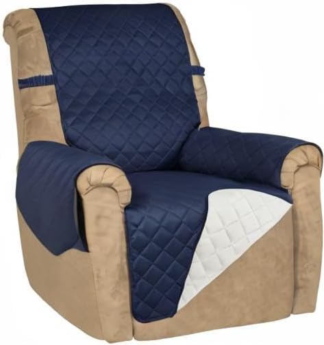 PureFit Reversible Quilted Sofa Cover, Water Resistant Slipcover Furniture Protector, Washable Couch Cover with Non Slip and Elastic Straps for Kids, Dogs, Pets (Small Recliner, Navy/Ivory)