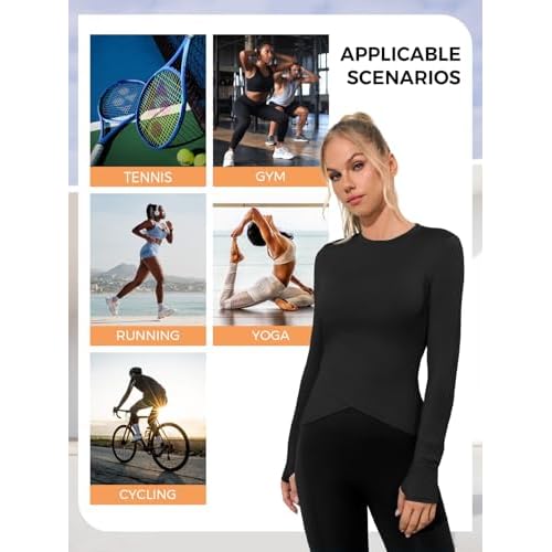 Fisoew Womens Long Sleeve Workout Tops Athletic Compression Shirts Crew Neck Cross Hem Running Yoga Active Shirts