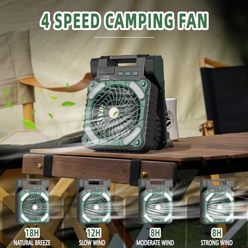 Solar Powered Portable Camping Fan,10400mAh rechargeable Solar Power Cordless Battery Fan with LED Lantern | 4 Wind Speeds Adjustable | 3 Timers Modes | Quiet , Perfect for Tent, Fishing ,Picnic