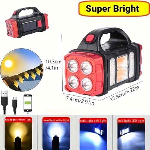 High Lumens Solar Flashlight - LED Work Light with USB-C Rechargeable, Waterproof, Multi-Function Flashlight & Lantern for Camping, Emergencies, and Outdoor(RED)