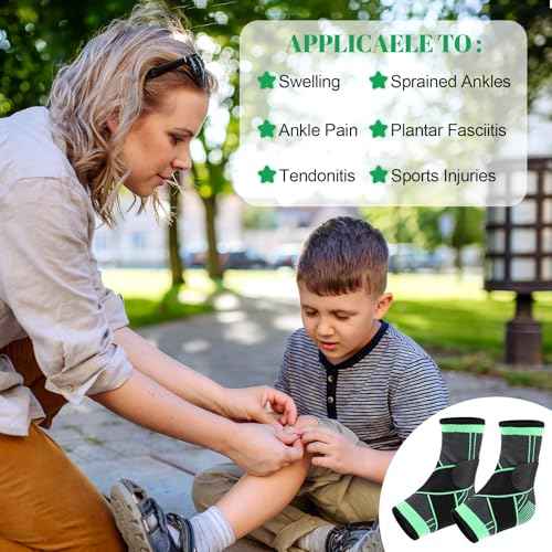 2 Pcs Ankle Brace for Kids - Kids Compression Socks, Youth Ankle Brace for Sports, Adjustable Support for Running, Sprains and Fitness, Compression Ankles Socks for Women, Unisex (Green)