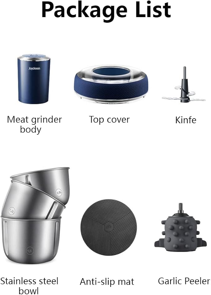 Joydeem JD-376B Electric Food Processor,Meat Grinder with Garlic Peeler,Vegetable Fruit Chopper with 3 Stainless Steel Bowls,Blue