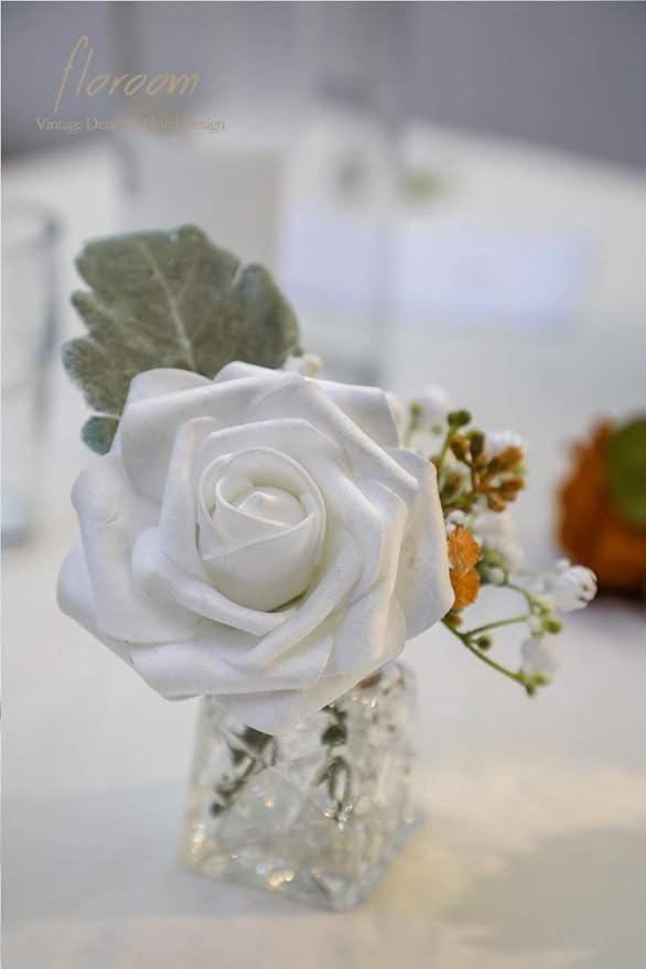 Floroom Artificial Flowers 50pcs Real Looking Shimmer Silver Grey Foam Fake Roses with Stems for DIY Christmas Tree Xmas Wedding Bouquets Party Tables Centerpieces Floral Arrangements Home Decor