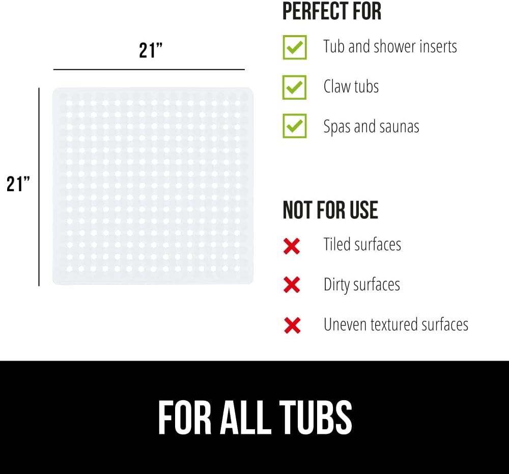 GORILLA GRIP Patented Square Shower Stall Mat, Small Bathtub Floor Mats for Stand Up Showers with Suction Cups and Drainage Holes, Machine Wash, Soft on Feet, Bathroom Accessories 21x21 Inch, White