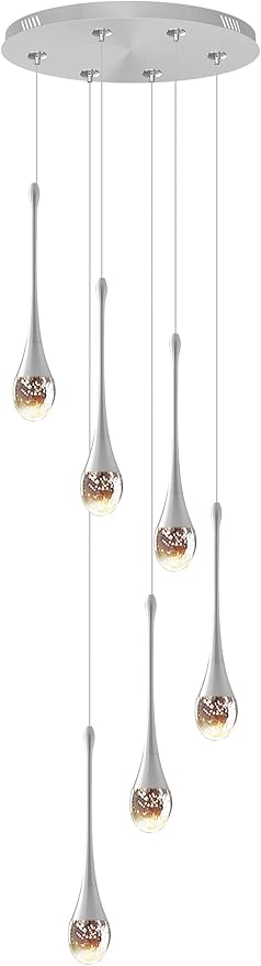 H86 Pendant Lights Kitchen Island 6-Lights Pendant Chandelier for Dining Room Hallway Stairwell,Silver Chandelier Suit for Sloping Ceiling LED Dimmable 2700K-6000K