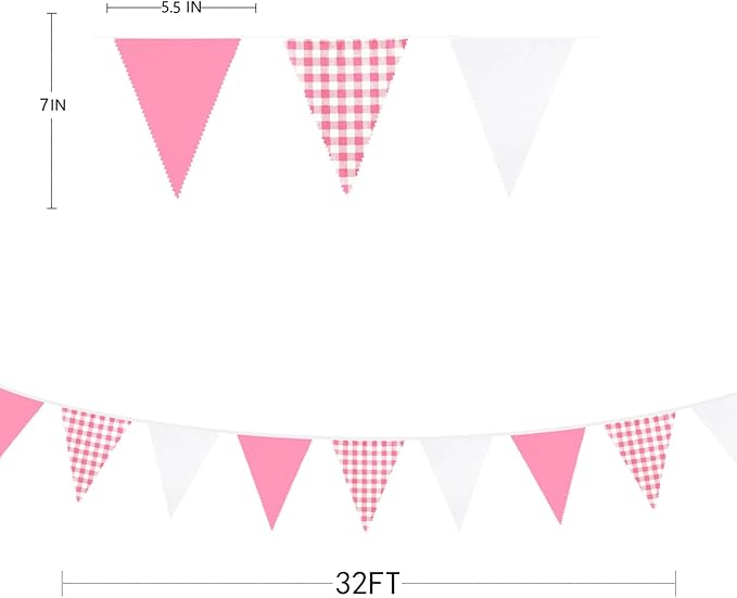 32Ft Hot Pink Plaid Checkered Pennant Banner Fabric Gingham Triangle Flag Bunting Garland Streamers for Wedding Birthday Baby Shower Party Home Nursery Outdoor Garden Hanging Festivals Decoration