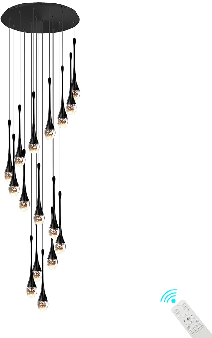 120'' Bubble Crystal Raindrop Chandeliers 16-Lights Black Long Staircase Chandelier Foyer High Ceiling Chandeliers Loft Slante LED Dimmable Ceiling Fixtures