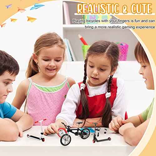 Zomiboo 18 Pieces Finger Toy Set Including Alloy Finger Bikes, Finger Scooter, Finger Pants, Replacement Wheels, Bike Lock and Mini Tools Movement Party Favors(Black, White, Blue)