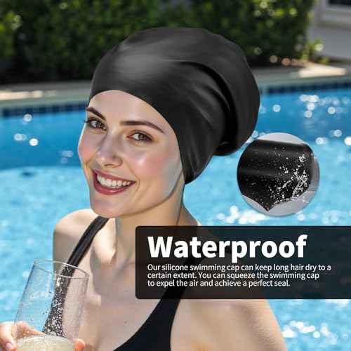 Extra Large Silicone Swim Cap for Long Hair - Waterproof Swimming Caps for Adults ; Comfort-Fit Tear-Resistant Bathing Cap to Keep Hair Dry