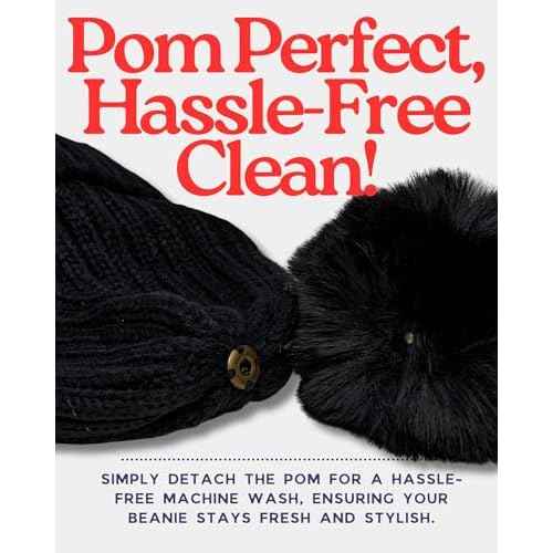 Funky Junque Women¡¯s Winter Detachable Pom Beanie ? Warm Knit Hat with Removable Faux Fur Pom, Soft Stretch Acrylic Cozy Cap
