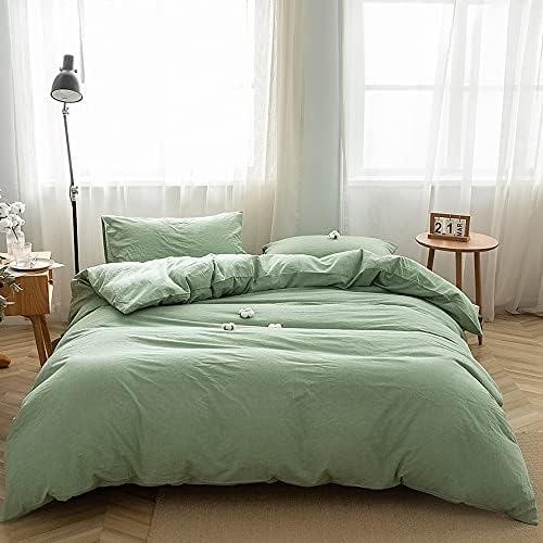 FACE TWO FACE Bedding Duvet Cover Set100% Washed Cotton Duvet Cover Linen Like Textured Breathable Durable Soft Comfy(Full, Green)