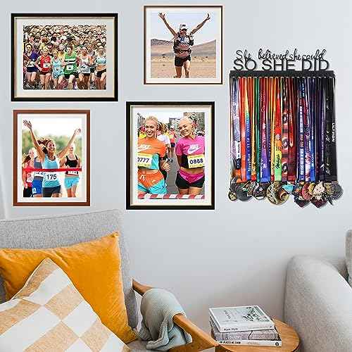 Goutoports Medal Holder Display Hanger - She Believed She Could She Did - Personalized Medal Wall Hanger for Sport Race Runner Sturdy Black Steel Metal Over 60 Medals Easy to Install