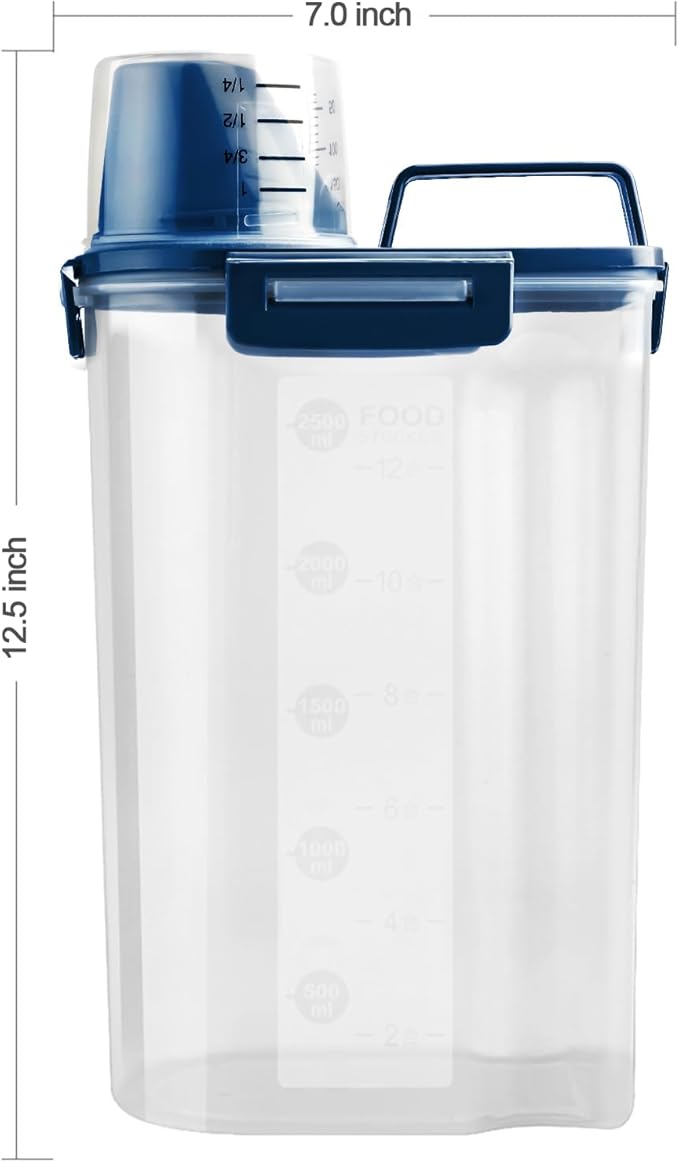 Rice Airtight Dry Food Storage Containers, BPA Free Plastic Storage Bin Dispenser with Pourable Spout, Measuring cup for Cereal, Flour and Baking Supplies Blue