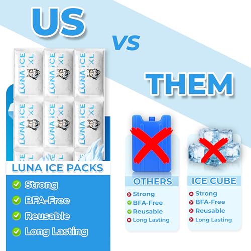LUNA ICE Dry Ice Packs for Shipping XL - Long lasting ice packs - 24+ Hour Freeze Power - BPA Free - 6 Pack Bulk 3 lb ? Hielo Seco - Reusable Gel Bricks for Food