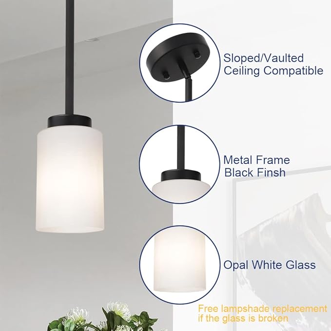Black Pendant Light Fixture with Opal White Glass, Farmhouse Mini Chandelier for Kitchen Island Hallway