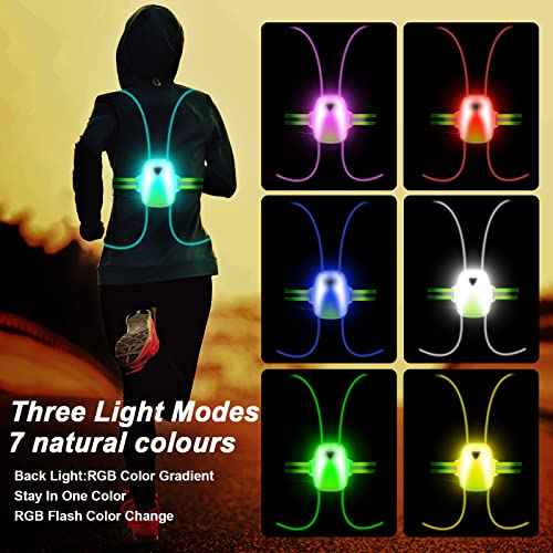 LED Reflective Running Vest Lights for Runners, Running Lights with Front Light, Safety USB Rechargeable Reflective Night Lights For Men/Women Running Walking Cycling, Three Light Modes with 7 Colors