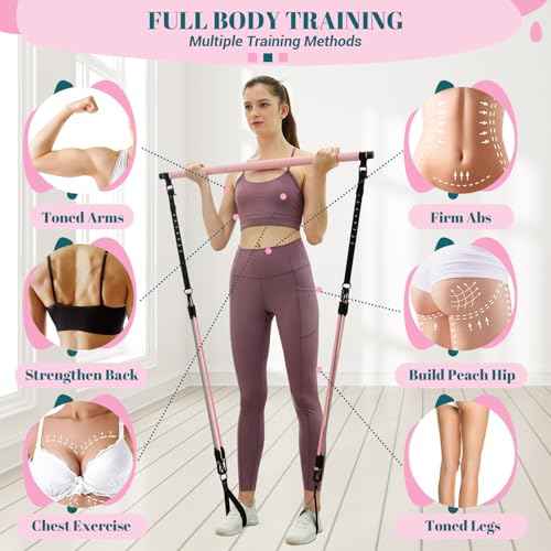 Pilates Bar Kit with Resistance Bands, Multifunctional Yoga Pilates Bar with Heavy-Duty Metal Adjustment Buckle, Portable Home Gym Pilates Resistance Bar Kit for Women Full Body Workouts