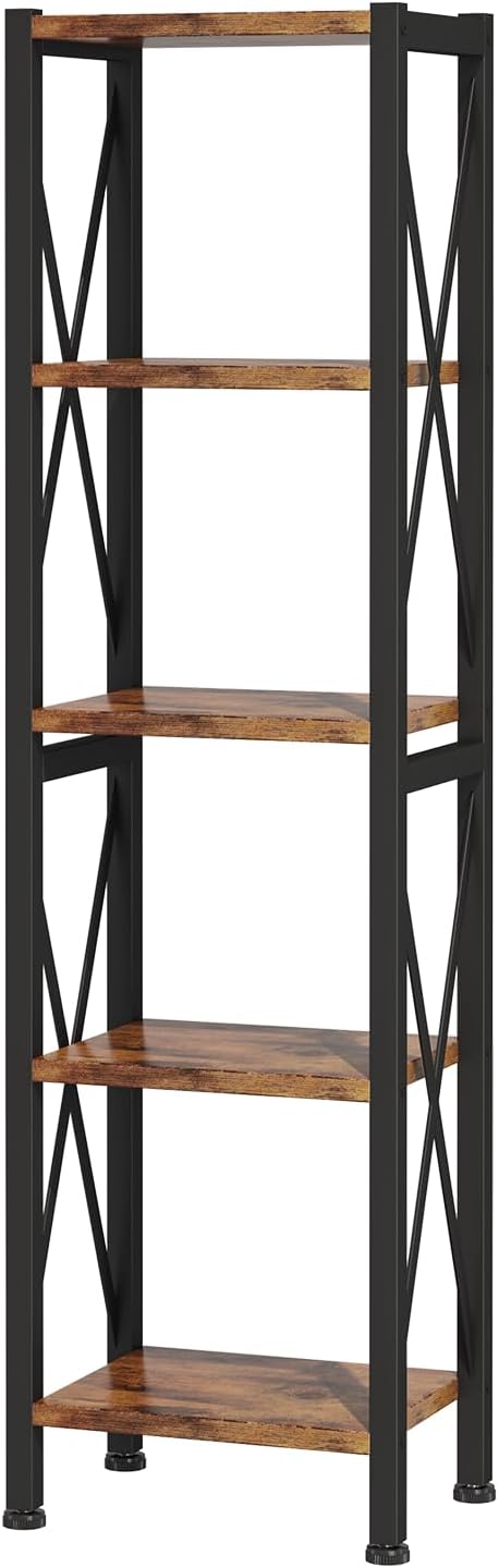 Homeiju 5-Tier Narrow Bookshelf, Ladder Bookshelf, Tall Bookshelf for Bedroom with Open Shelves, Office Bookshelf, Industrial Standing Bookshelf for Bedroom, Living Room and Home Office