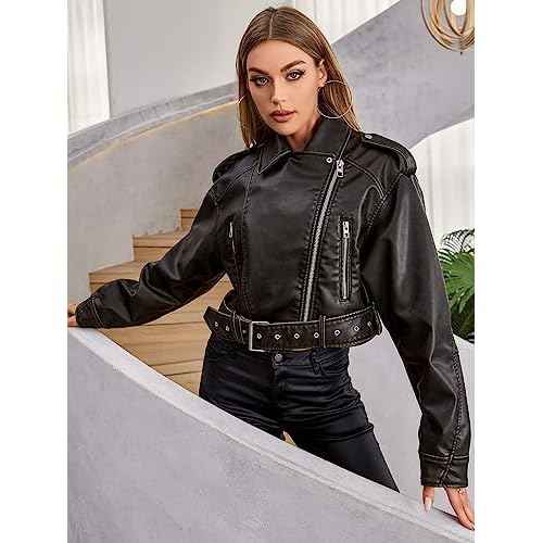 LY VAREY LIN Women Faux Leather Cropped Jacket Lapel Zipper Biker Short Coat with Belt