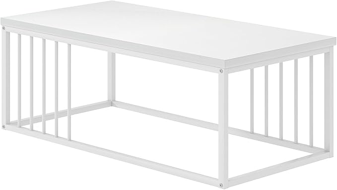 FOLUBAN White Coffee Table, Modern Rustic Wood and Metal Center Table, Industrial Rectangle Cocktail Tea Table for Living Room, White, 43.3 Inch