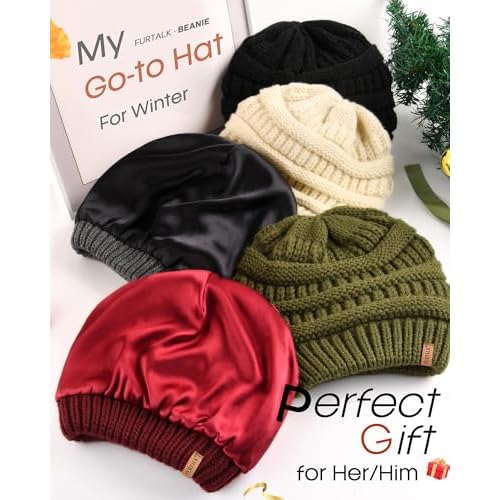 FURTALK Womes Slouchy Winter Beanie Knit Hat Satin Lined 3 Pack Thick Warm Fashionable Skull Cap
