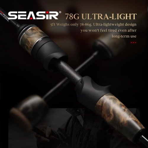 SEASIR Stream Fishing Rod, Ultralight Spinning Rod Travel Bait Casting Rod, 2 Piece, Fuji A O Ring Guide, Solid Wood Handle, 40T Carbon Fiber, Compact Fishing Pole for Saltwater Freshwater Trout Bass