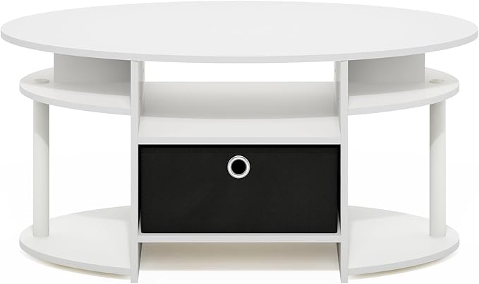 Furinno Jaya Simple Design Oval Coffee Table with Bin, White/White/Black