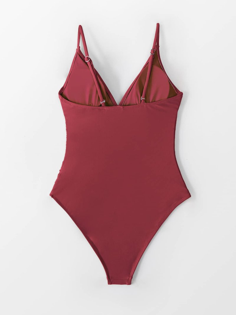 CUPSHE Women's One Piece Swimsuit Shirring Design V Neck Low Back Bathing Suit, Burgundy, L