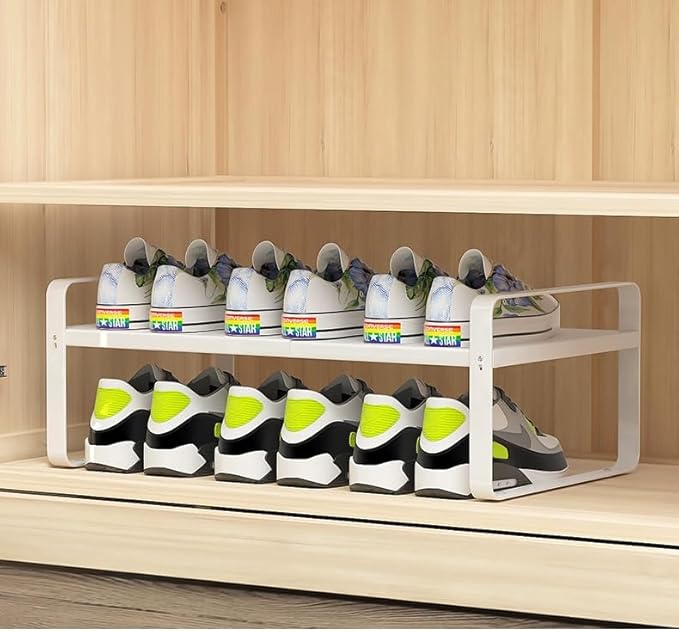 Bayou 1-Tier Expandable Shoe Rack, Adjustable Closet Shoe Storage Organizer, Heavy Duty Metal Shoe Shelf, Stackable Free Standing Shoe Rack for Small Space (H:7")