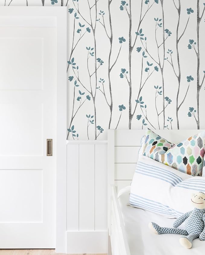 Timeet Peel and Stick Wallpaper White and Blue Floral Wallpaper Boho Leaf