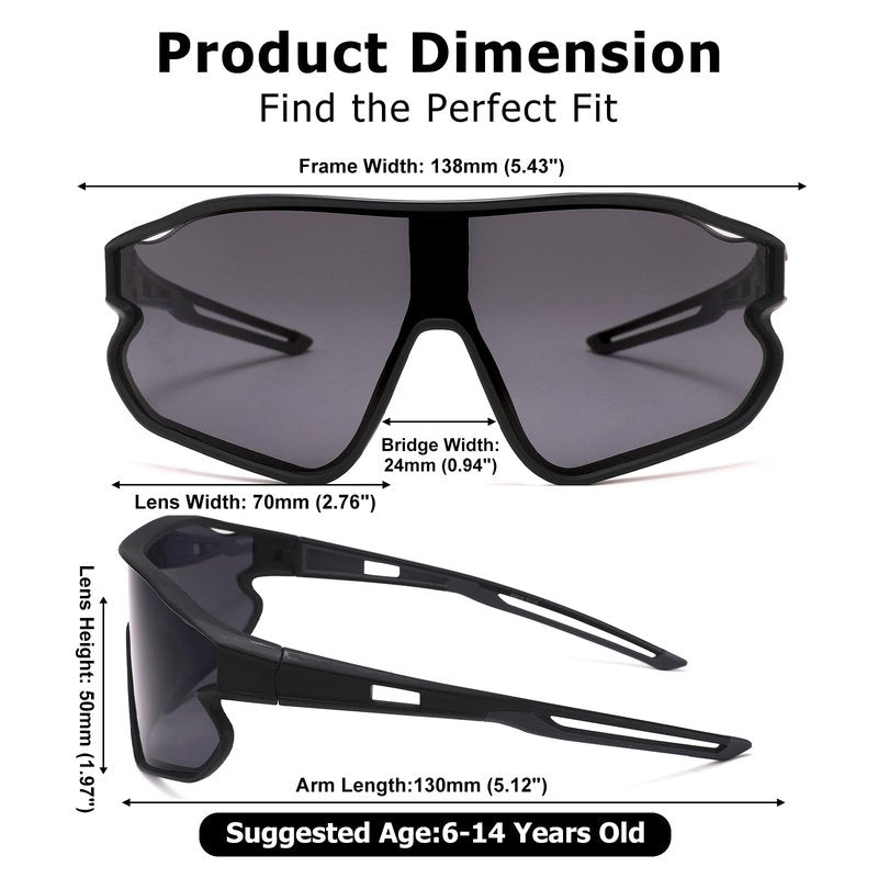 GLARDEFE Kids Baseball Sunglasses - Youth Baseball Sunglasses for Boys Girls - Sports Softball Shades Age 6-14(Black/Grey + Black/Silver Mirror)