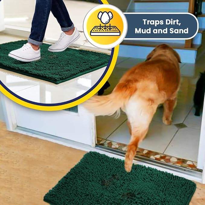 Muddy Mat® | Super Water Absorbent Door Mat Indoor, Microfiber Quick Dry Chenille Entryway Rug, Slip Resistant Front Door Mat, Indoor Mats for Entryway, Machine Washable Pet Rug, Dark Green 24" x 40"