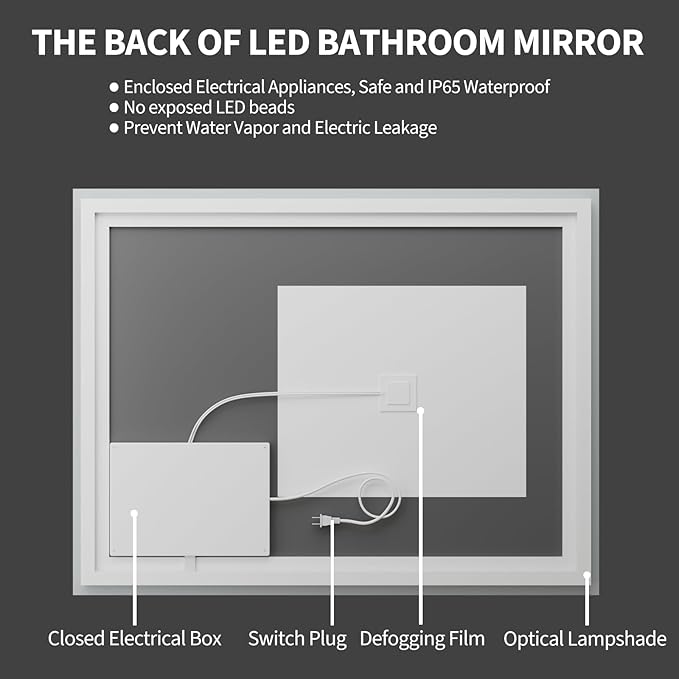 Koonmi 60"x36" LED Mirror for Bathroom, 90CRI Anti-Fog Vanity Mirror