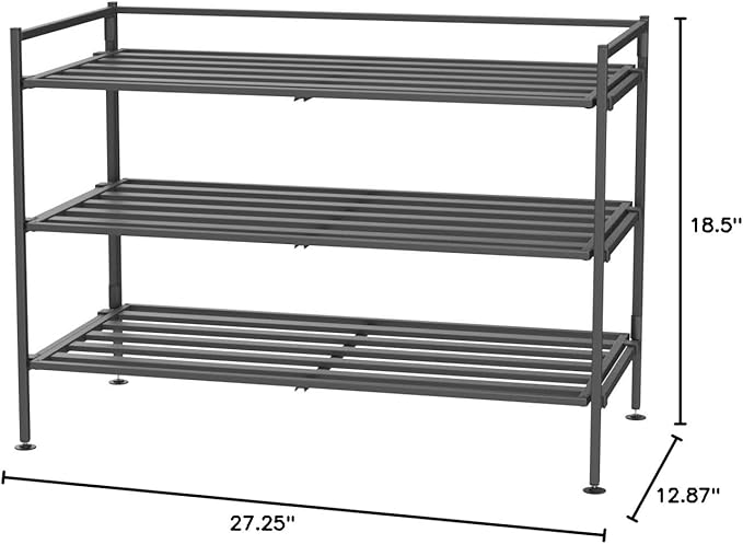 Seville Classics Sturdy Freestanding Storage Shelf for Bedroom, Closet, Entryway, Dorm Room Organizer Stackable Durable Metal Shoe Rack Ash Gray Slat, 3-Tier