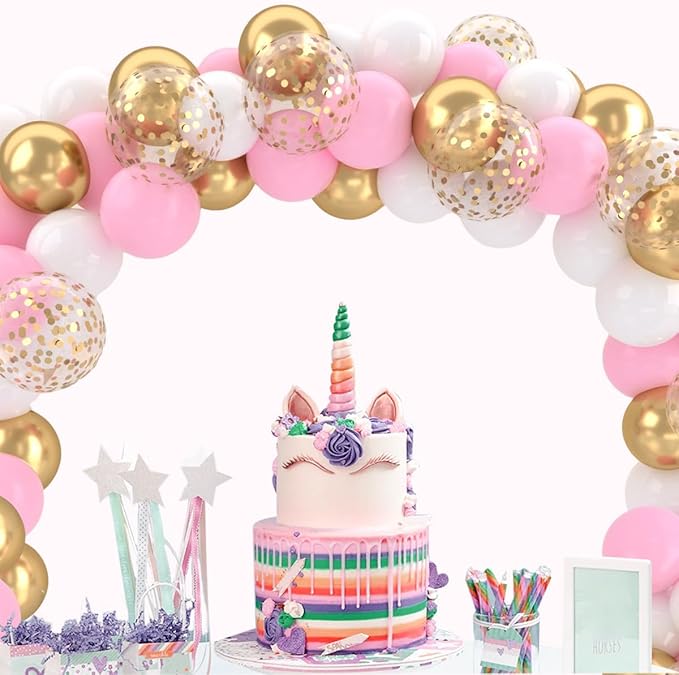 Patimate Pink Gold Confetti Balloons Set, 50 pcs 12 inch Metallic Gold Pastel Pink White Confetti Latex Balloons Kit for Birthday Baby Shower Girl Princess Party Decorations
