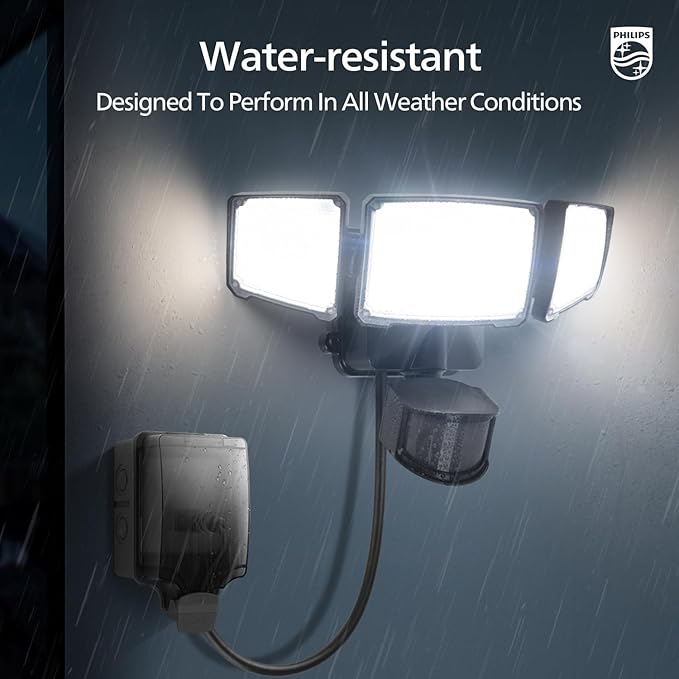 Philips 36W Motion Sensor Security Lights Outdoor, 3800 LM LED Dusk to Dawn Plug in Flood Light, 3 Adjustable Heads, 5000K Daylight, Waterproof for Garage, Yard, Porch