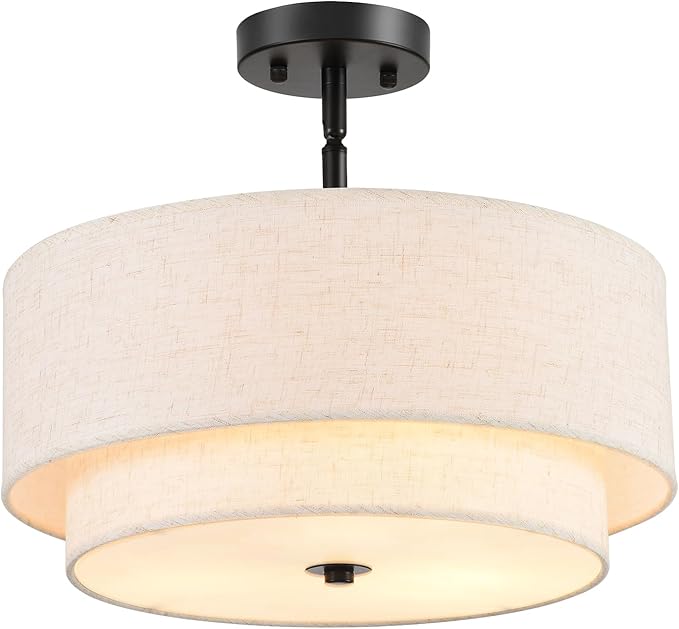 16" Semi Flush Mount Ceiling Light, Black 3 Light Double Drum Fabric Lampshade Lighting Fixture for Living Room, Bedroom, Dining Room, Kitchen, Hallway (Swivel Canopy for Sloped/Flat Ceiling)