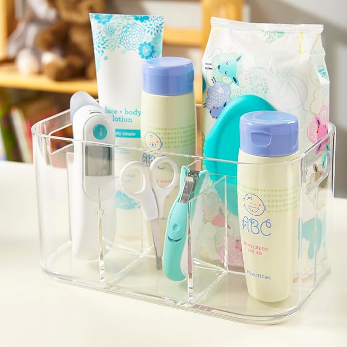 STORi Bliss 5-Compartment Plastic Cosmetics Storage Organizer | Clear | Rectangular Divided Makeup Bin & Vanity Caddy with Pass-Through Handles | Round Corner Design | Made in USA