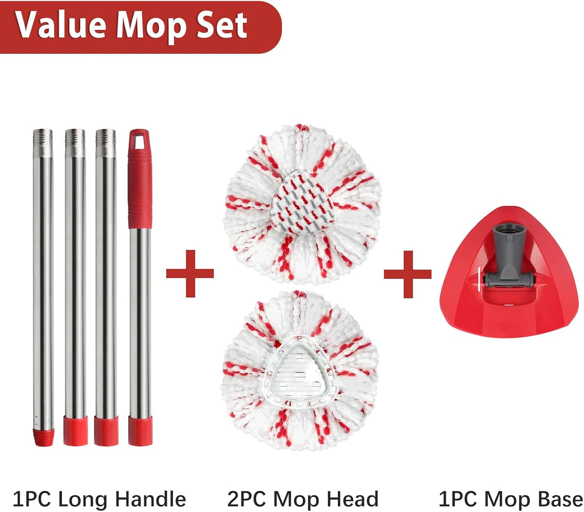 Spin Mop Replacement Head, Base, Handle Compatible with Ocedar Mop Set EasyWring 1-Tank Microfiber Spin Mop, 2 Refills Replacement Heads, 30-58in Handle and 1 Base Combo Set