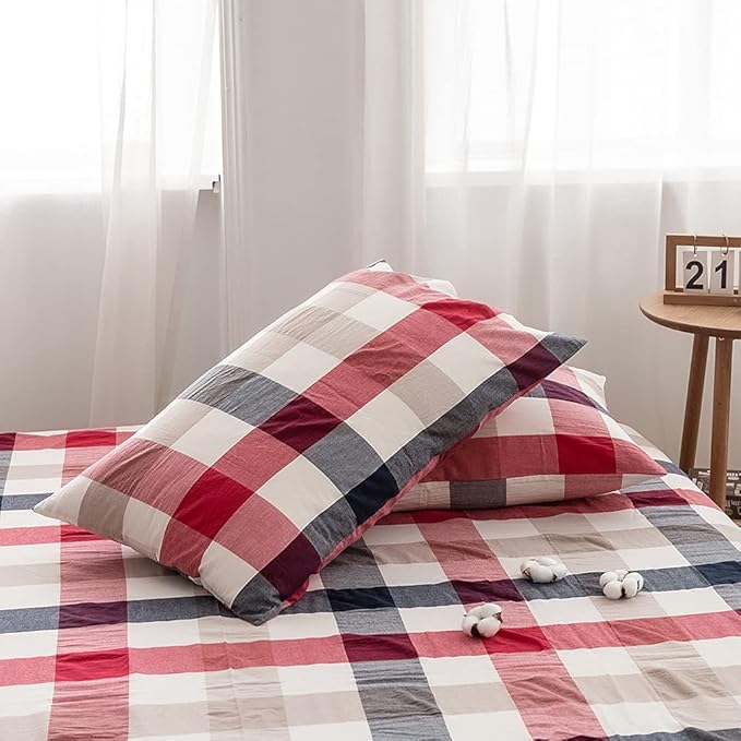 FACE TWO FACE Bedding Duvet Cover Set 3 Pieces 100% Washed Cotton Duvet Cover Linen Like Textured Breathable Durable Soft Comfy(King, Blue red Grid)