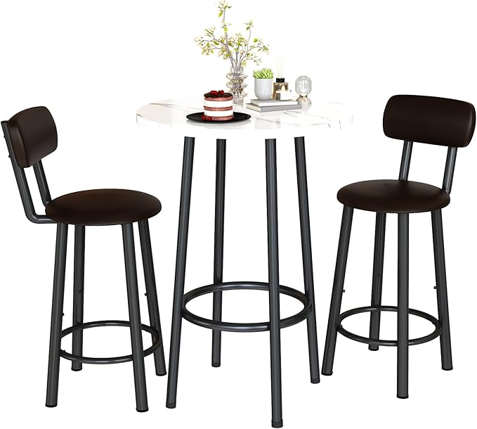 Dining Table Set, 23.6" Round Faux Marble Table with 2 PU Upholstered Backrest Chairs, 3-Piece Kitchen Dining Room Set for Small Spaces, Kitchen, Restaurant Furniture, White
