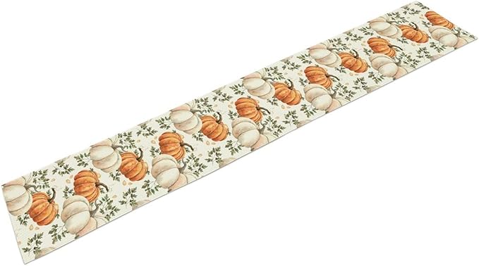 Fall Pumpkin Table Runner White Orange Vegetables Seeds Parsley Watercolor Hand-Painted Illustration Home Decor for Farmhouse Indoor Outdoor Party Holiday Dining Kitchen Restaurant Cafe W13xL60in