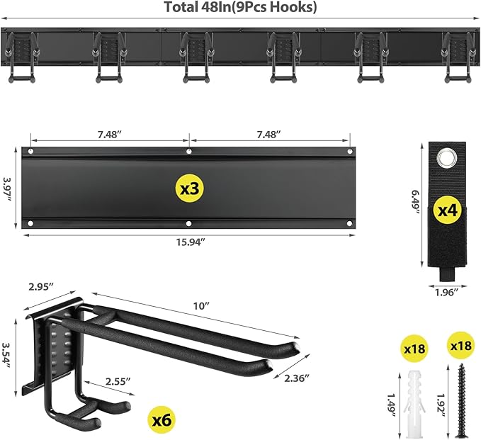 Garage Tool Organizer Wall Mount, 48 Inch Adjustable Garage Tool Storage Rack, Heavy Duty Garden Tool Organizer Rack, Yard Tool Organizer System for Rake Shovel Broom Mop Wall Holder