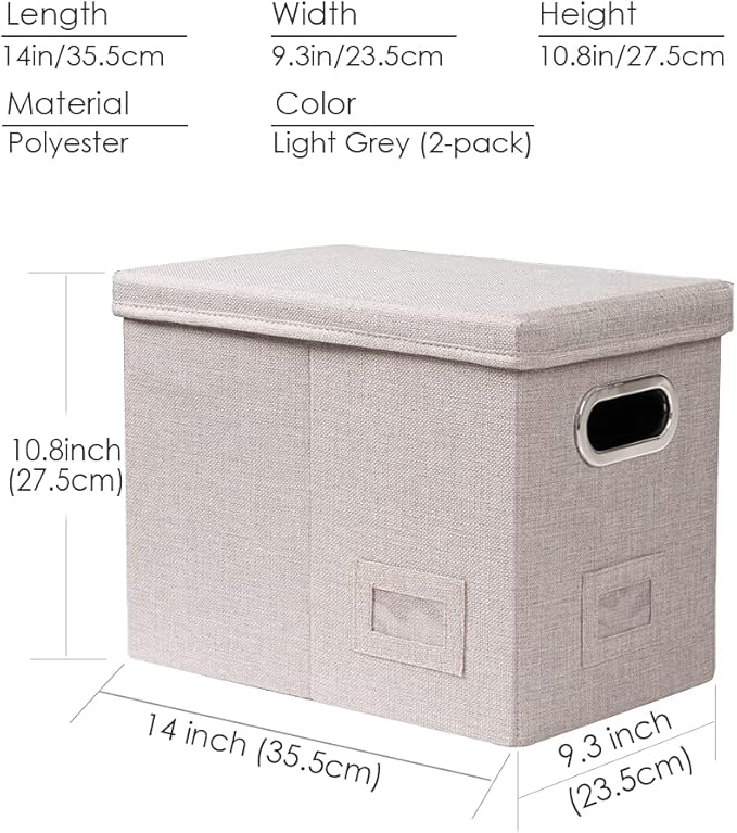 PRANDOM File Organizer Box - Set of 2 Collapsible Decorative Linen Filing Storage Hanging File Folders with Lids Office Cabinet Letter Size Light Grey (14x9.3x10.8 inch)