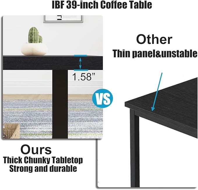 IBF Black Coffee Table, Minimalist Industrial Wooden Center Table, Modern Simple Rectangle Living Room Table, Farmhouse Wood and Metal Cocktail Coffee Table for Home Bedroom Office, Black Oak, 39 inch
