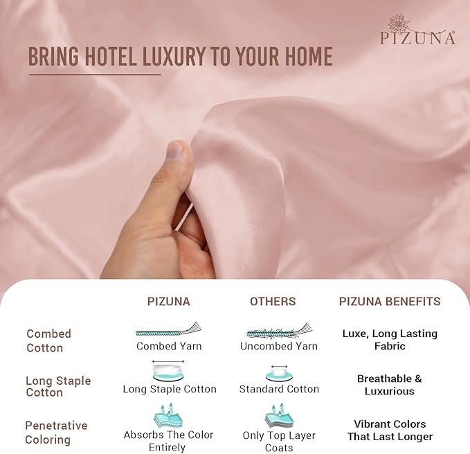 Pizuna Pure 100% Cotton Queen Duvet Cover Set, Luxurious 400 Thread Count Long Staple Cotton Sateen Weave with Button Closure (Combed Light Pink Cotton Duvet Cover Queen)