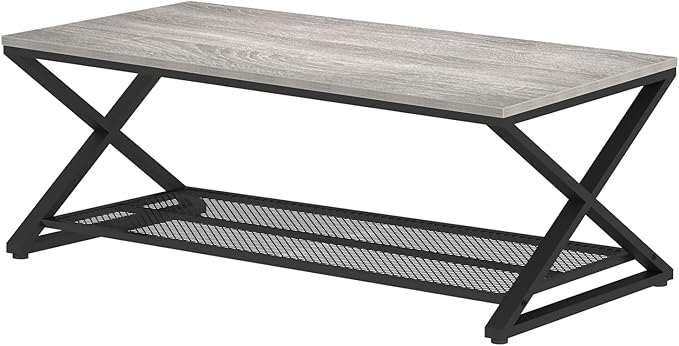 LVB Gray Coffee Table, Farmhouse Wood Metal Center Table with Storage for Living Room, Industrial Wooden 2 Tier Rectangle Cocktail Tea Table with Mesh Shelf for Office Bedroom, 47 inch, Light Grey Oak