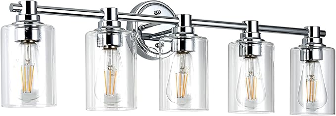 Bathroom Light Fixtures Wall Sconce Light with Clear Glass Chrome 5 Lights Bathroom Lighting Over Mirror Vanity Lights for Living Room,Bedroom,Restroom,Hallway E26 Base